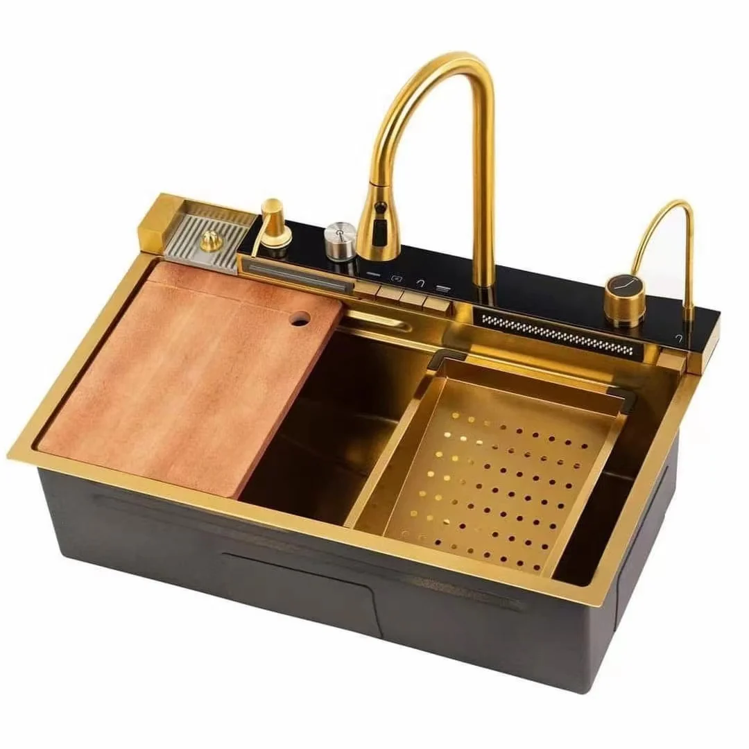 LED Digital Smart Kitchen Sink With Waterfall Faucet 304 Stainless Steel Large Single Bionic Honeycomb Gold  Wash Basin