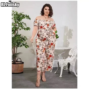 New summer style slim one-line collar short-sleeved jumpsuit plus size fat floral jumpsuit