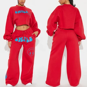 Huili Custom French Terry 2 Piece Activewear Loose Flare Baggy Pants Women Crop Top Sweatshirt Sweatpants and Hoodie Set Women