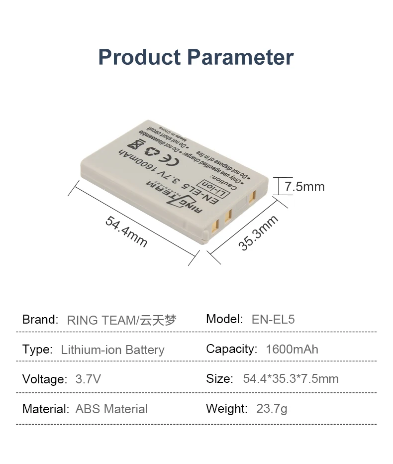 3.7V 1600mAh EN-EL5 ENEL5 Camera Battery Lithium-ion Battery for Nikon Coolpix P4 P80 P90 P100 S10 P510 P520 P530 P5000 Cameras details