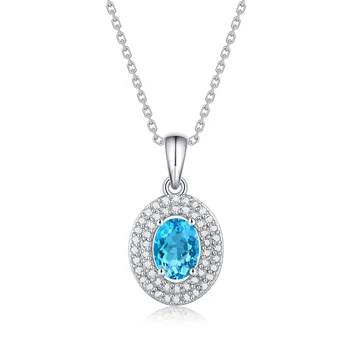 Thriving Gems High Quality Hot Sale Blue Topaz Pendant Diamond Necklace 925 Sliver Jewelry
