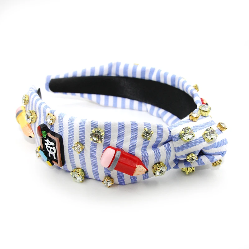 Shenglan 2023 New Arrival Back To School Headbands Blue Striped Cotton