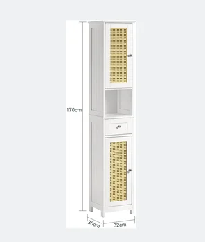 White tall bathroom cabinet with rattan door,drawers and storage compartments,linen tower bathroom cabinet,cabinets with shelves