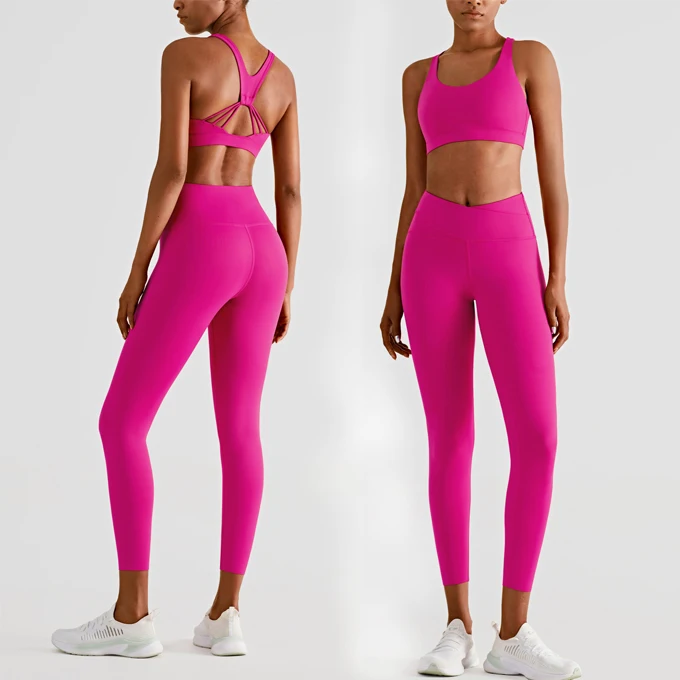 Workout Outfits Women 2 Piece Yoga Clothing Sets Sports Bra + Leggings  (Pink)