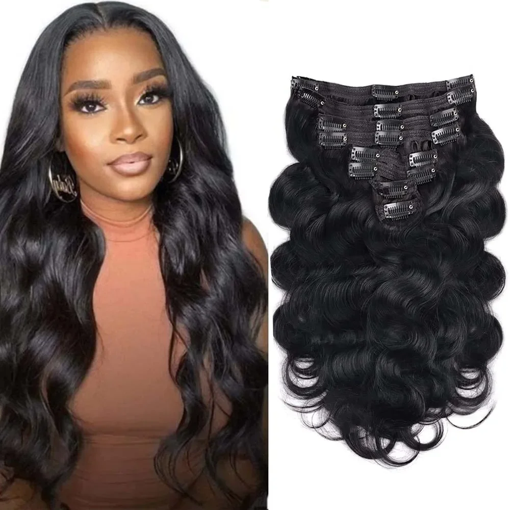 Extensions de cheveux humains à clips Body Wave en cheveux humains brésiliens véritables couleur naturelle #1B 120 g/ensemble_voghion.com