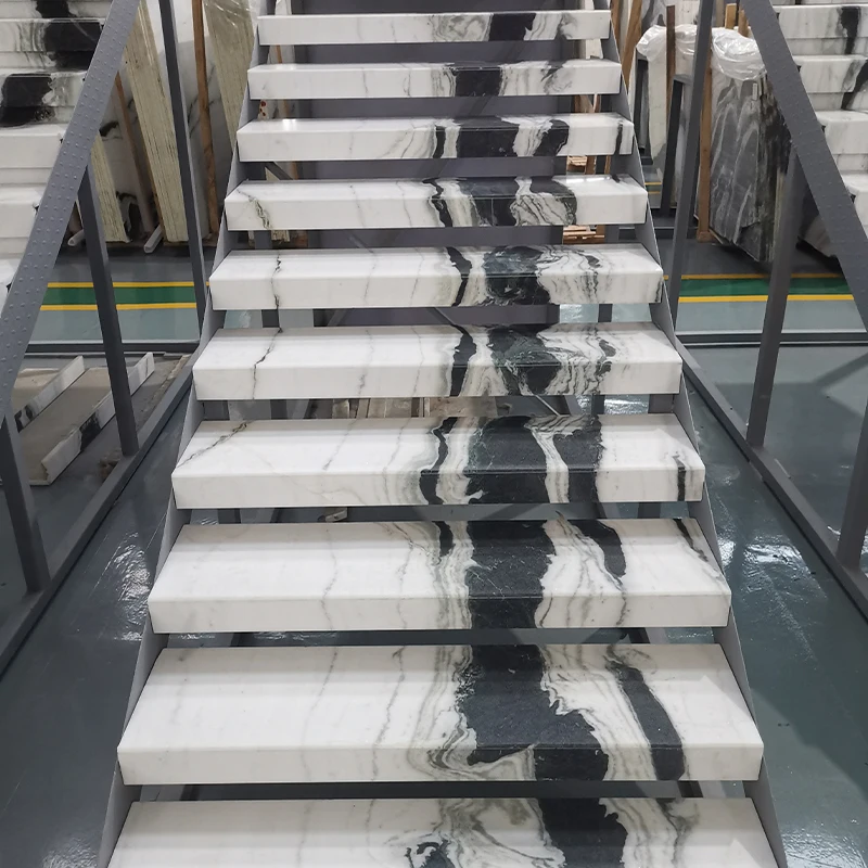 AST OEM/ODM Custom Natural Marble Floating Straight Staircase Modern Indoor Panda White Marble Tiles for Stair Treads Design