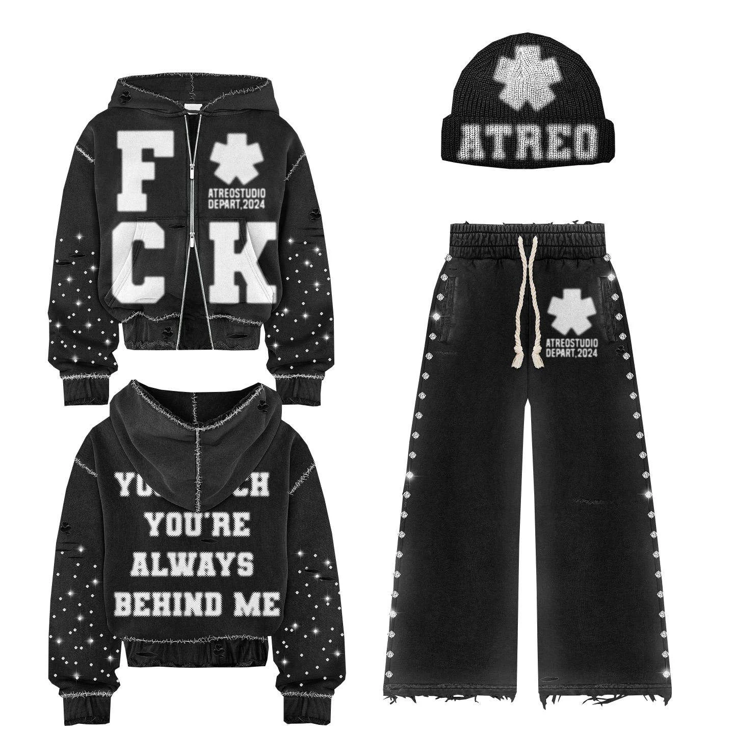Custom Heavyweight Acid Wash Sun Faded Rhinestone Double Zipper Cropped Hoodie Streetwear Tracksuits Sweatpants and Hoodie Set