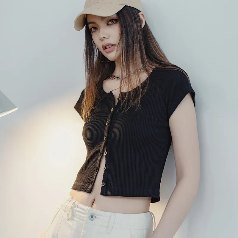 Maden Women's Slim Fit Knit Crop Top Stretchy Short Sleeve Shirt