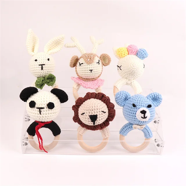 Woven Bell baby Wooden Comforter Toy Beech Colored Cotton knit Animal Baby teething toys for babies