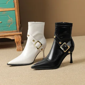 OEM/ODMWomen's Knee-High Super High Heel Microfiber Leather Boots Pointed Toe Buckle Strap Rivet Winter