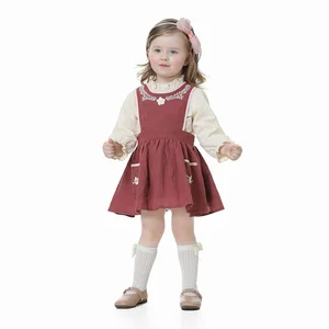Wholesale Custom Casual Long Sleeve Embroidery Floral Pattern Single Button Closure Suspender Skirt 2pcs 100% Cotton Baby