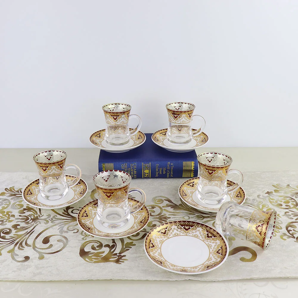 Arabic Coffee Set Gold Drawing Tea Mug Glass Cup and Saucer Set Ethiopian Coffee Cup Set