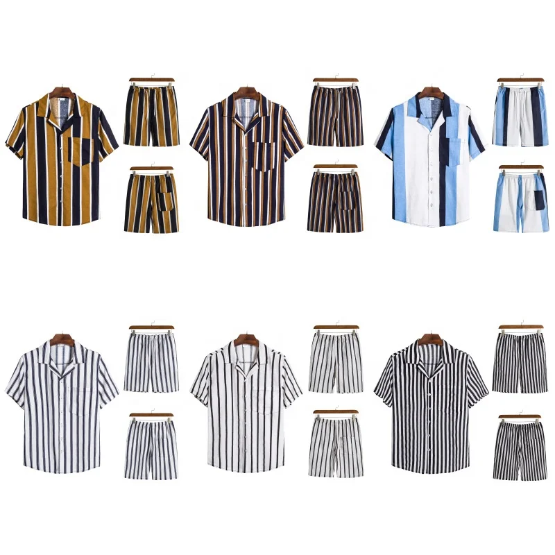 JL0611A Trendy Fashion Shorts Set Full Print New Hawaiian Beach Wear Striped Shirt Men Shirt Suit Set Men