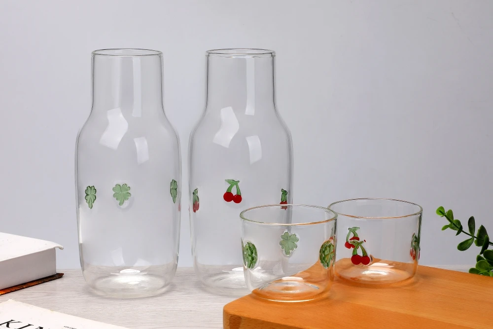 Icon Heat Cold Resistant Bedside Night Borosilicate Glass Juice Water Bottle Carafe En Verre Pitcher Jug Sets with Tumbler Cup