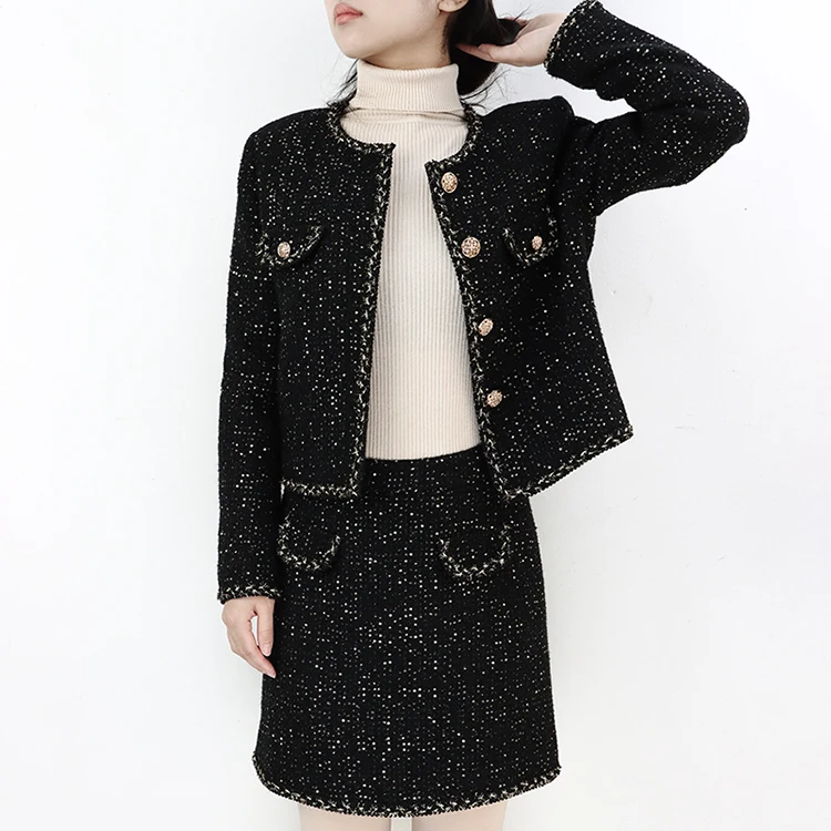 Autumn 2023 women temperament tweed formal skirt suit fashion office wear two piece set