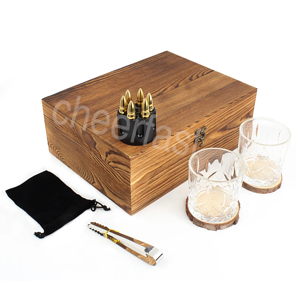 China Customized golden bullet shape reused whiskey ice cube stone set by  wooden gift box Manufacturers and Suppliers