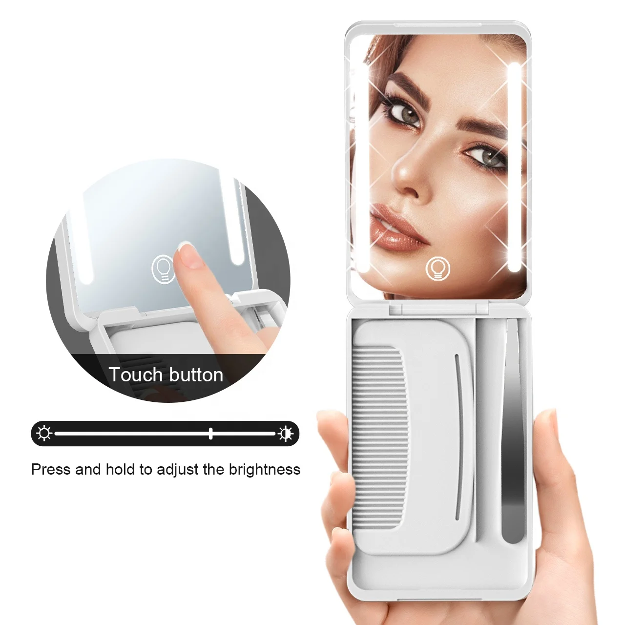 Logo Custom Portable Makeup Mirror With Hair Brush and Tweezer LED Rechargeable Makeup Mirror