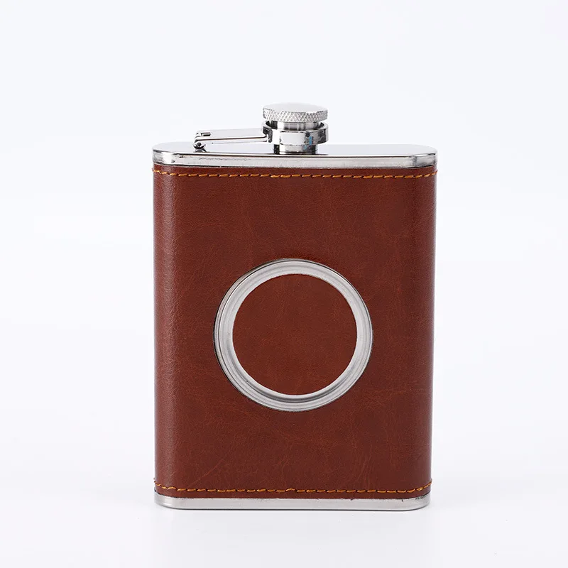 PU Leather 8oz Stainless Steel Small Wine Pot Lightweight & Discrete Stainless Steel Body Leather Wrapped Hip Flask