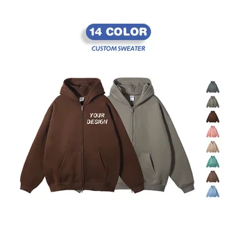 Custom high quality embroidered zipper hoodie Print full zipper jumper zip up hoodie 70% cotton puff hoodies