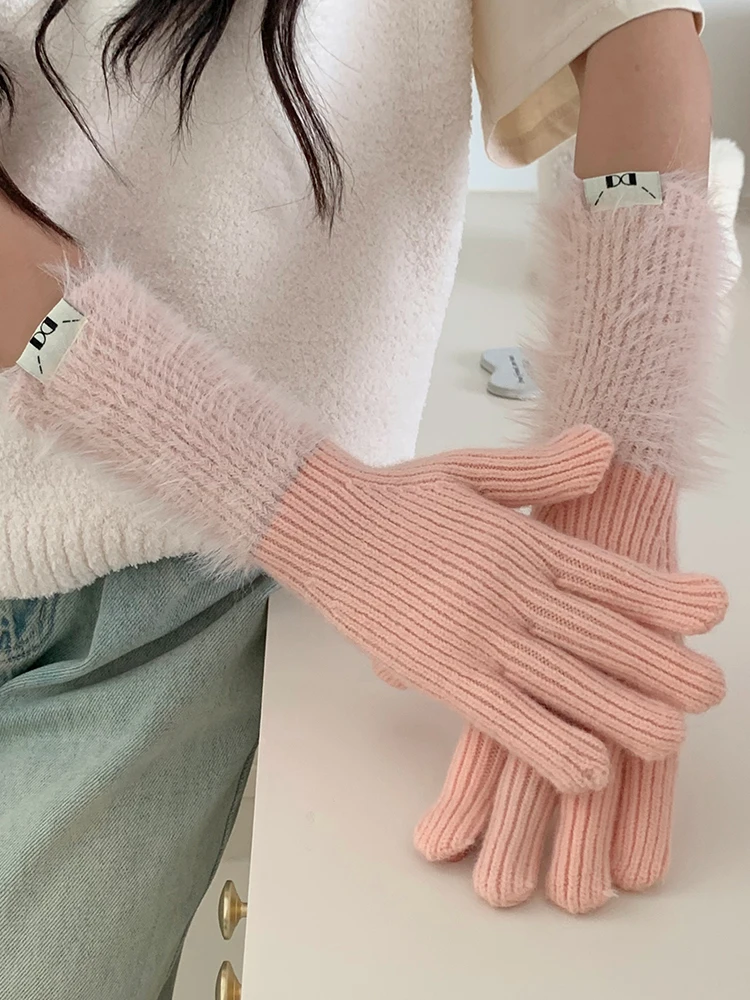 Зимние женские трикотажные перчатки из мягкого флиса