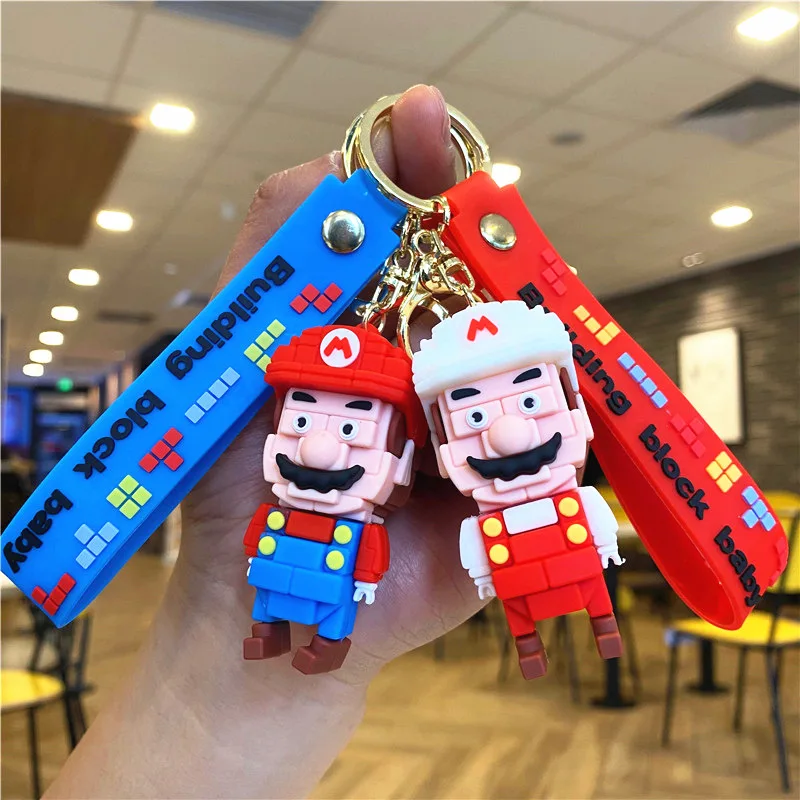 3D Cartoon Building Block Mario Keychain With Wrist Strap Wholesale Cute Car Key Chain Decorationsn Gift