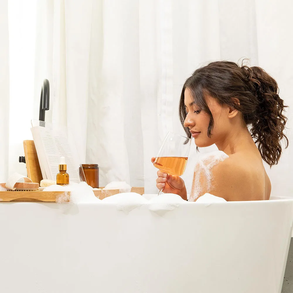 product luxury minimalist bathroom sets extendable bamboo rack  anti slip waterproof wine glass holder with bathhtub tray-9