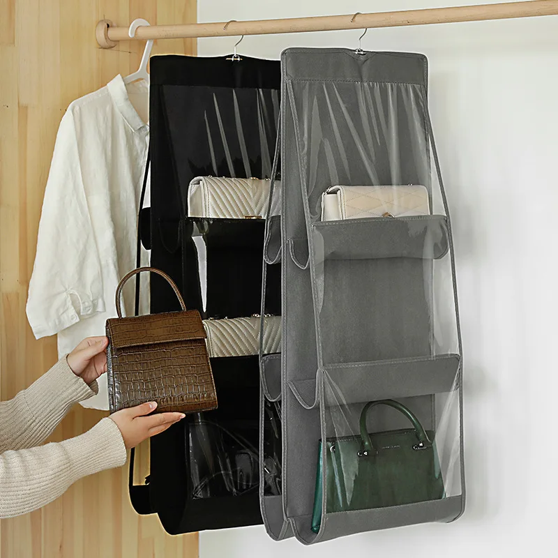 Hot Selling 6Pocket Hanging Handbag Organizer for Wardrobe Closet  Transparent Storage Bag Double-sided Handbag Storage Organizer