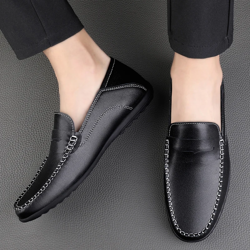 Genuine Leather Shoes Waterproof Handmade Sewing Comfortable Casual Large Size Walking Shoes Driving Shoes Loafer for men