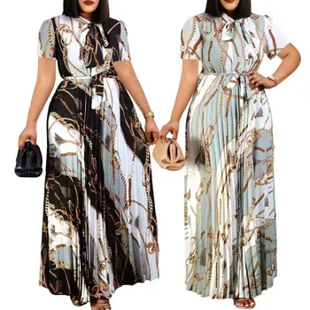 2024 new S-3XL Short sleeved printed pleated tie up dress Tongle European and American oversized dress