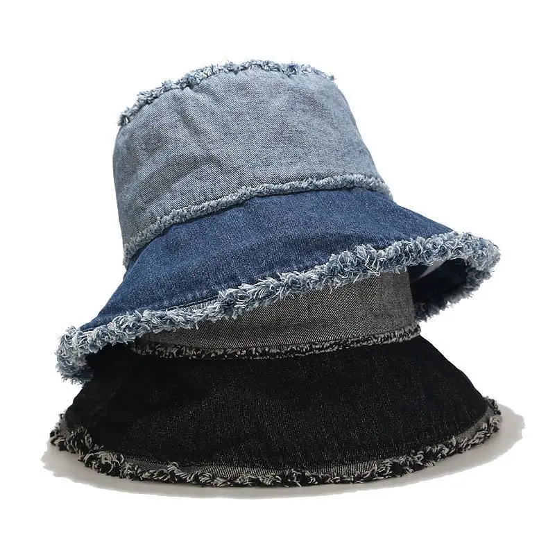 Women Men Streetwear Korean Japanese Fashion Solid Vintage Washed Denim  Bucket Hats Ripped Jeans Blue Punk Hip Hop Sun Cap Rap