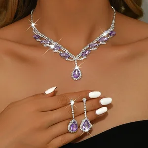 Custom Water Drop Special Purple Diamond Personalized Necklace Copper Shining Jewelry Sets Earrings Necklaces for Women Set