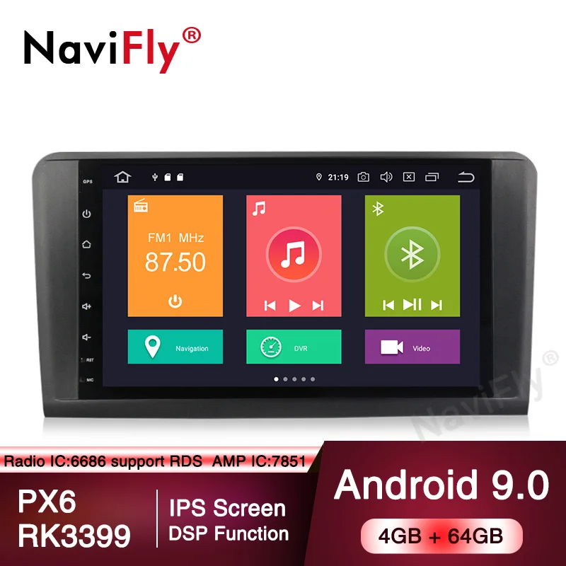 
Автомобильная аудиосистема NaviFly 9 'для Mercedes Benz GL ML CLASS W164 ML350 ML500 X164 GL320, автомобильный dvd-плеер PX6, Android 9,0, 4 + 64 ГБ, GSP 