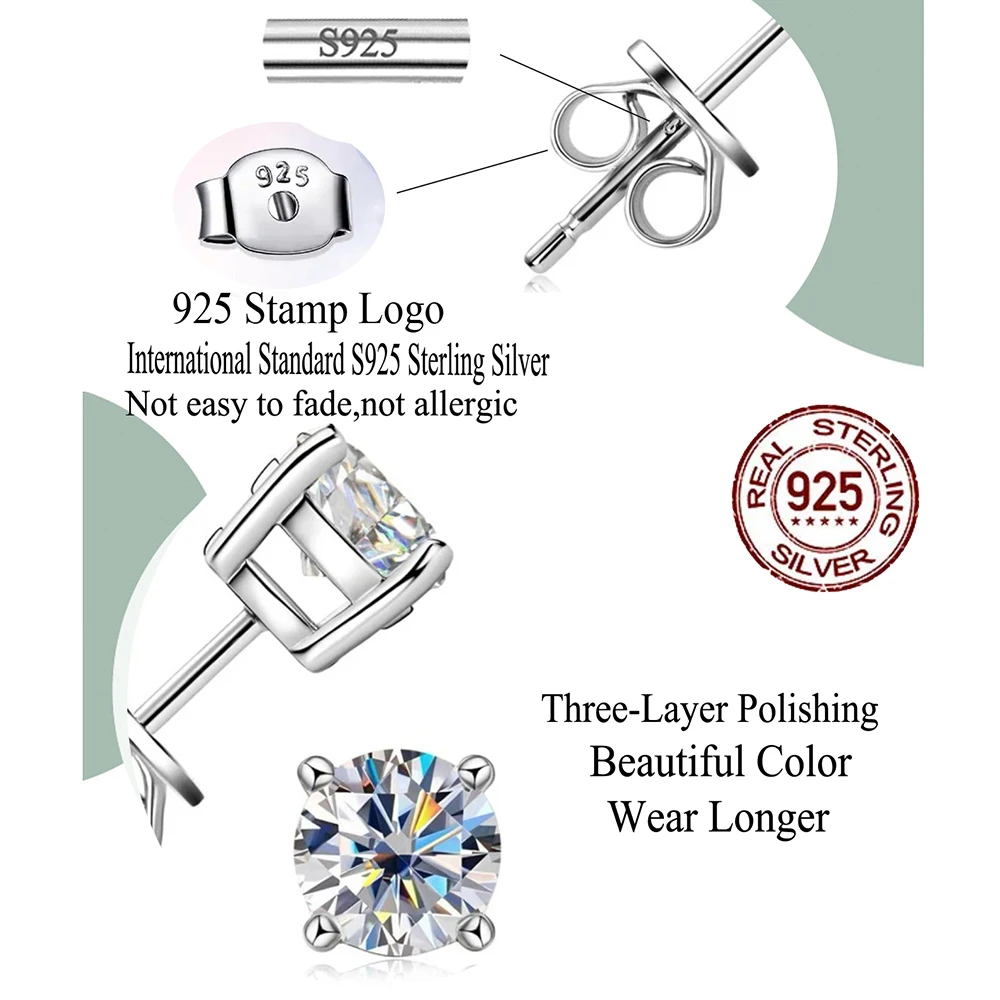 Trendy CZ Women 925 Sterling Silver Stud Earrings for Adult Kids Boy  Fashion Concise Style Round Iced Out Cubic Zirconia Jewelry
