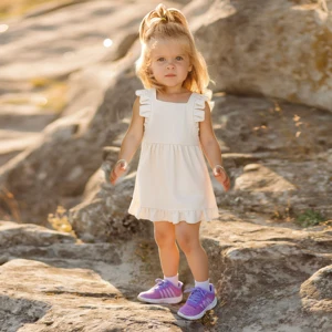 Breathable 100% Linen Toddler Girls' Ruffle-Sleeve Solid Dress for Summer Casual