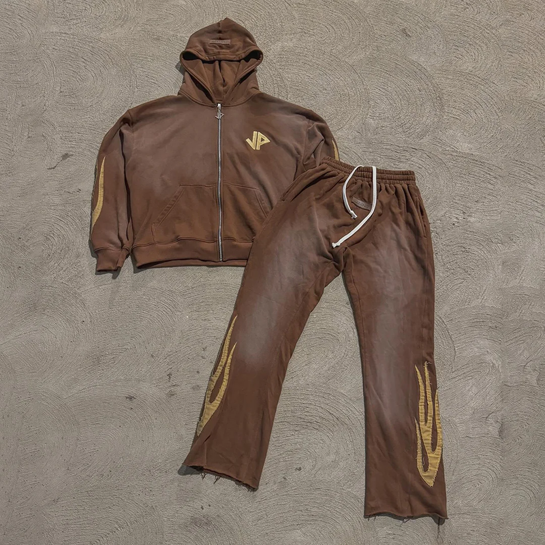 Custom Acid Washed Sun Faded Tracksuits Applique Oversized Heavyweight Boxy Sweatsuit Flared Sweatpants and Hoodie Set for Men gallery 7