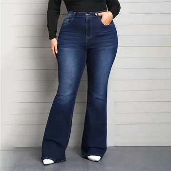 Wholesale Fashion Skinny Jeans Washed Perforated Blue Denim Mid Waist Flared Pants Jeans Women Plus Size Womens Pants