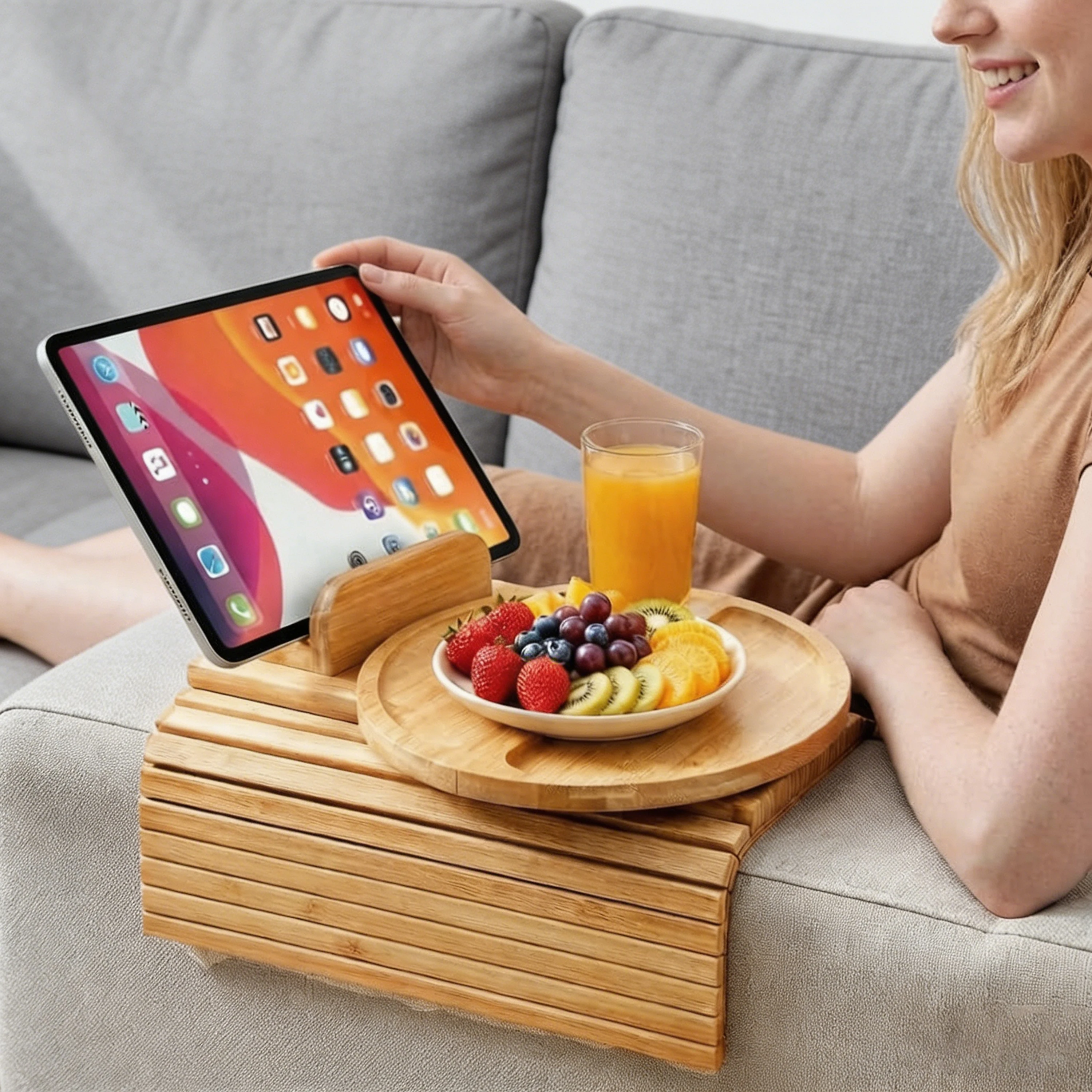 Bamboo Sofa Armrest Tray Foldable Couch Arm Table 2 in 1 Magnetic Rotating Couch Side Tray  Sofa Arm Snack Drink Tray Anti Slip