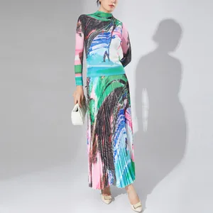 2025 Women's Elegant Set High-Quality Two-Piece Set High Neck Printed Long-Sleeve Top and Pleated Midi Skirt