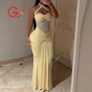 GX1598 Fashion Ladies Street Wear Sexy Halter Sleeveless Pleated Irregular Maxi Dress Tight Mesh Patchwork Causal Long Dresses