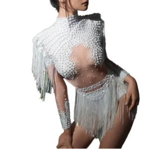 Designer Women's One Piece Bodysuit Sexy Pearls Crystal Stage Performance Jumpsuit Fringes Skinny for Drag Show Dance Club