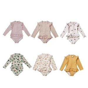 2026 OEM Manufacturer Kids Swim Suits Private Label Girls Swimsuit with Sun Protection Long Sleeves Patchwork Swimwear