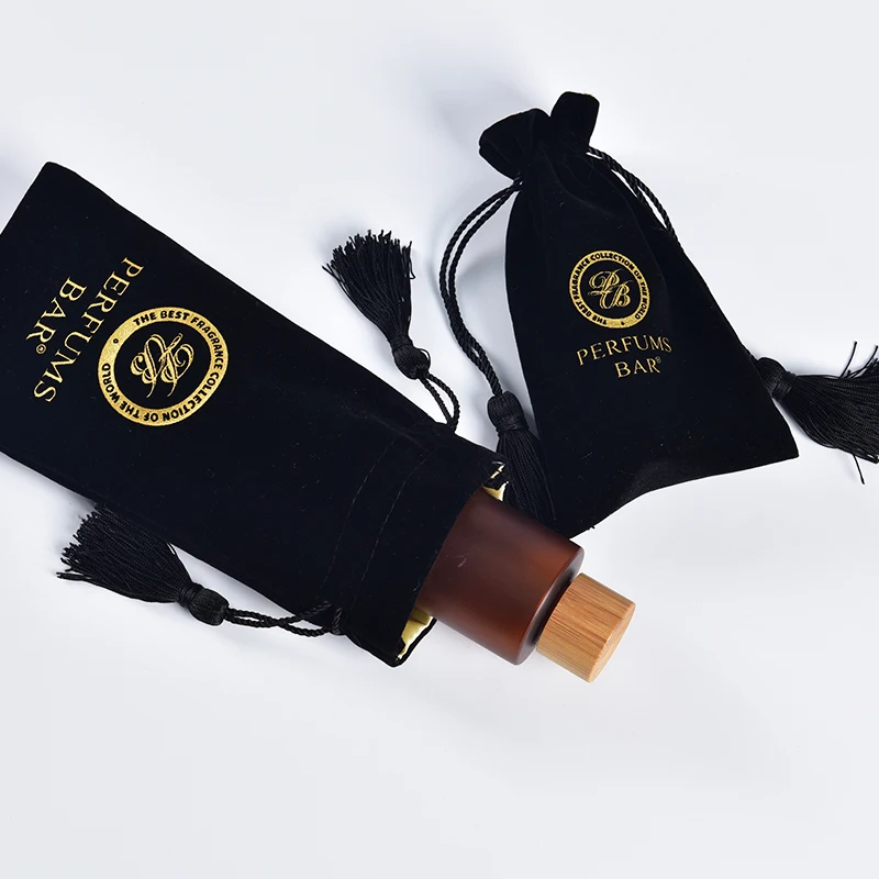 Custom Gift Packaging Dust Drawstring Velvet Perfume Bottle Pouch Black Shiny Satin Velvet Bag for Candle