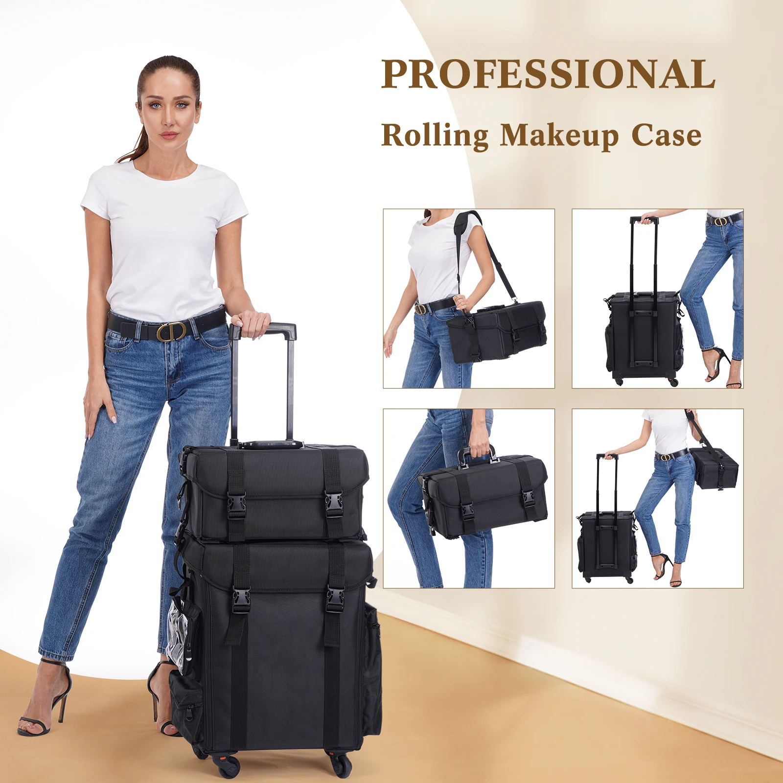 Rolling Makeup Case Trolley 2 in 1 Travel Cosmetic Train Cases on Wheels - Nylon Black Bags for Professional Make up Artist