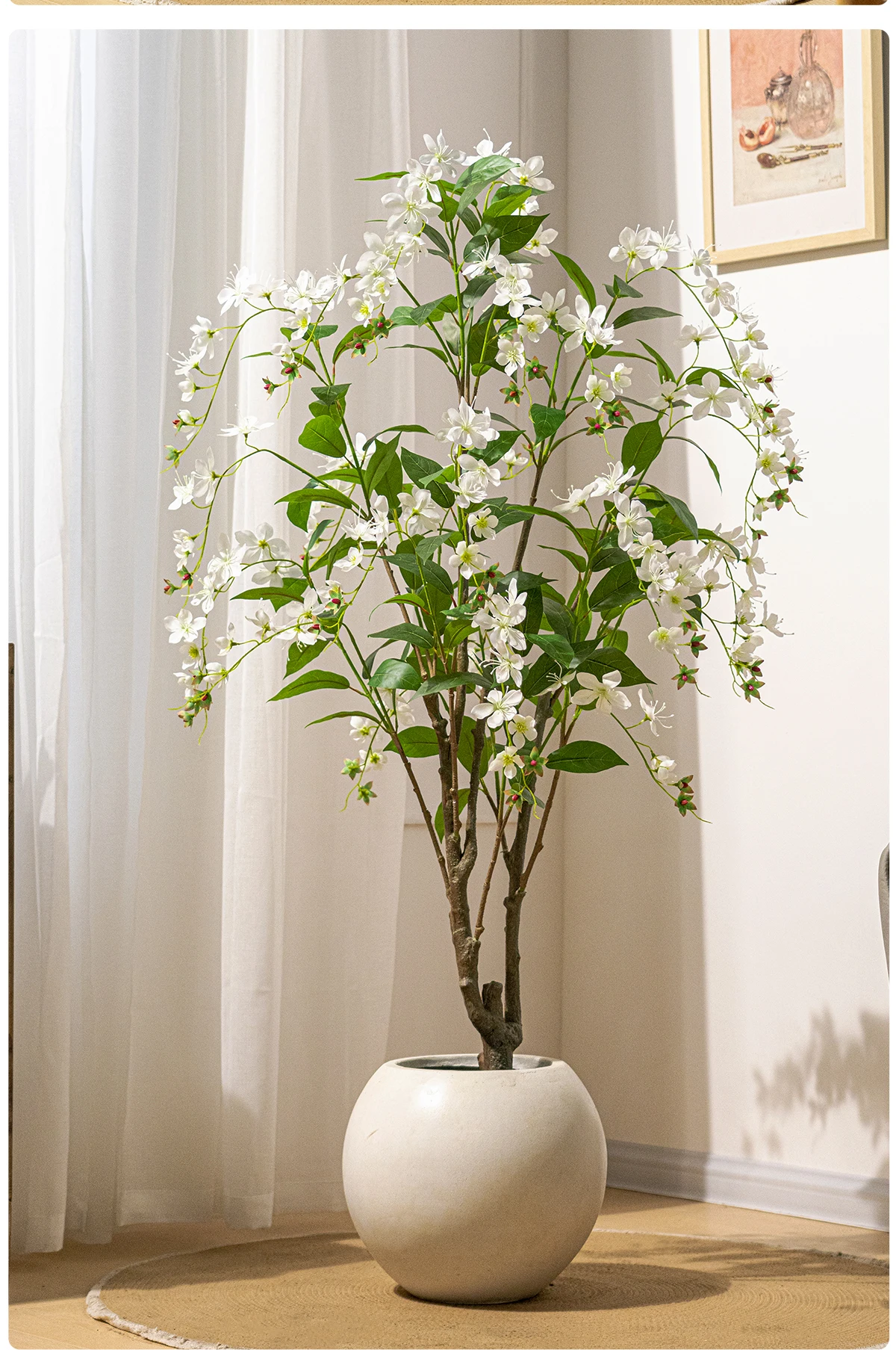 Plastic Green Tree with Real Touch White Pink Purple Artificial Flowers for Home or Office High Touch-Feel Decorative Pot details