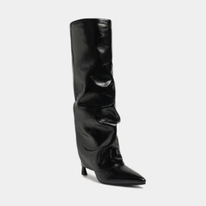 Winter Western Style Knee High Boots Fashion Ruched Patent Leather Pointed Toe Stiletto Heel Zip Closure Height Increasing