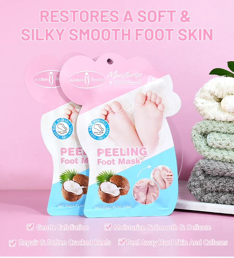 Wholesale Coconut & Vitamin E Peeling Foot Mask Sock with Hyaluronic Acid for Moisturize Smooth Repair and Soften Cracked Heels