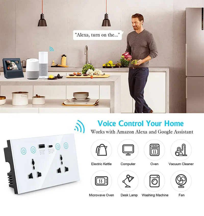 Tuya Wifi Smart Socket With USB Type-C Interfaces 147 Universal Electrical Power Socket 20A Dual Socket