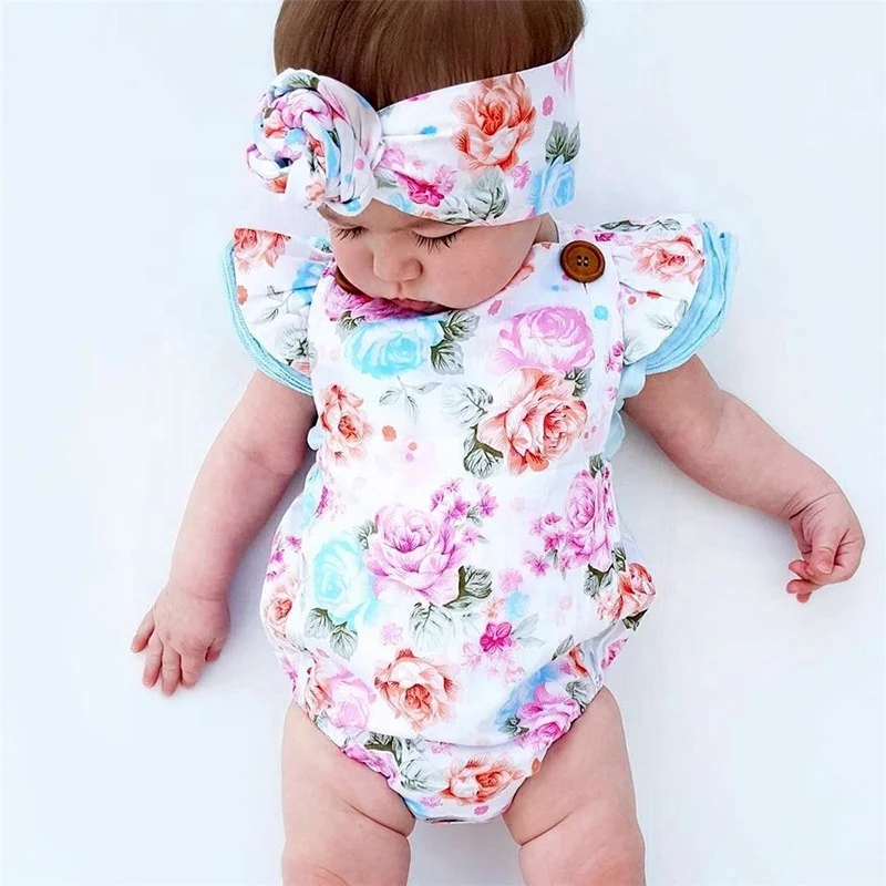 Cute Floral Romper Baby Girl Clothes Jumpsuit Romper and headband Outfits Set 