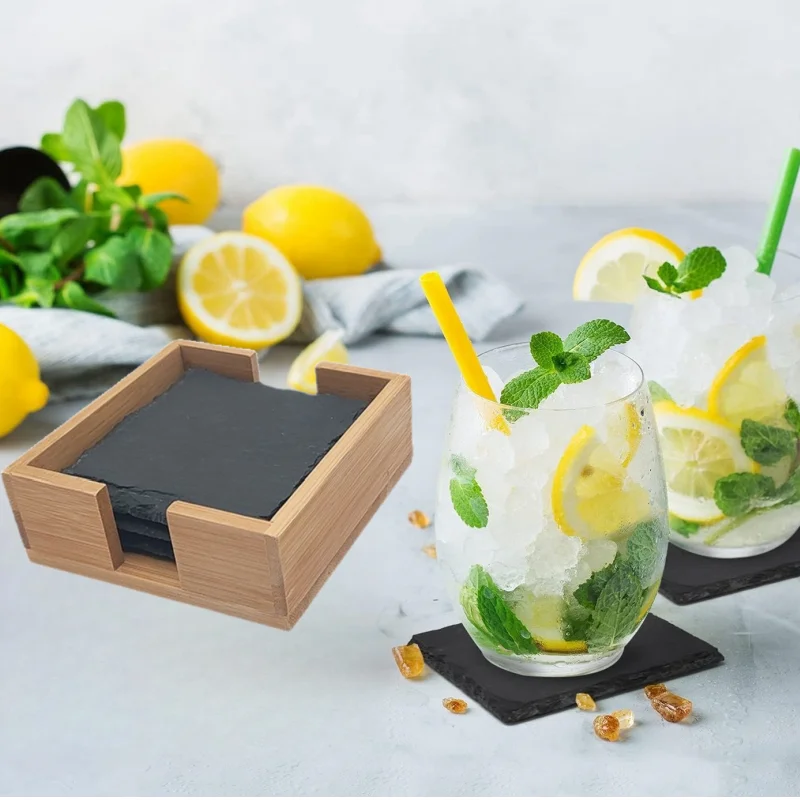 Custom Tabletop Cup Slate Mat 4 Pieces Set 10cm Natural Black Bluestone Coasters with Bamboo Holder for Bar Restaurant Party