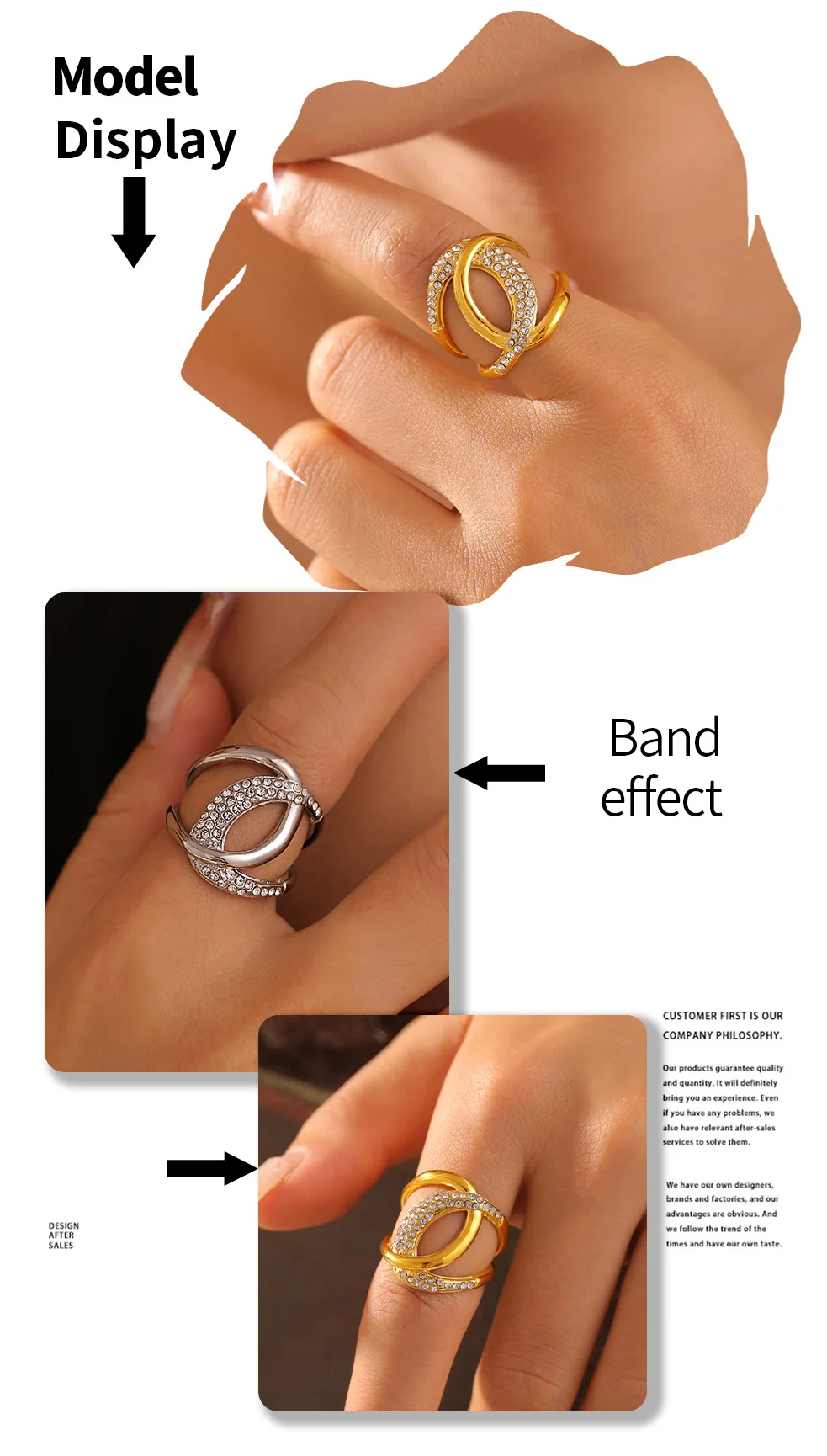 18K gold plated waterproof stainless steel double C ring for women